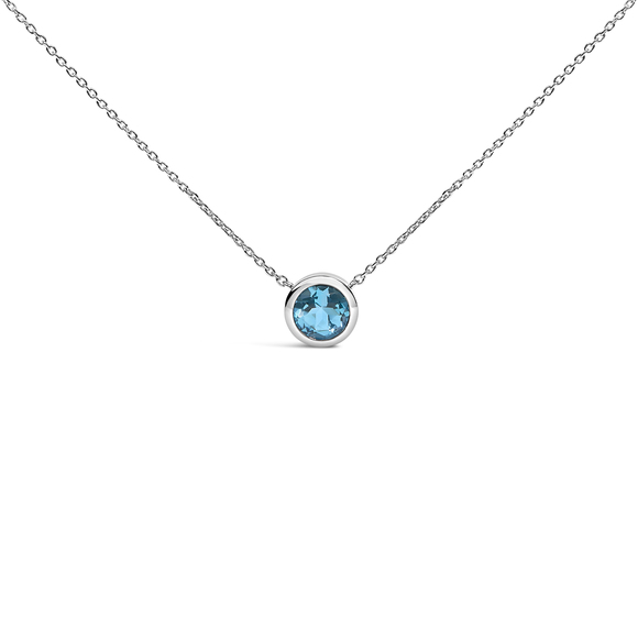.925 Sterling Silver 7MM Bezel Set Created Blue Topaz Pendant Necklace - 18